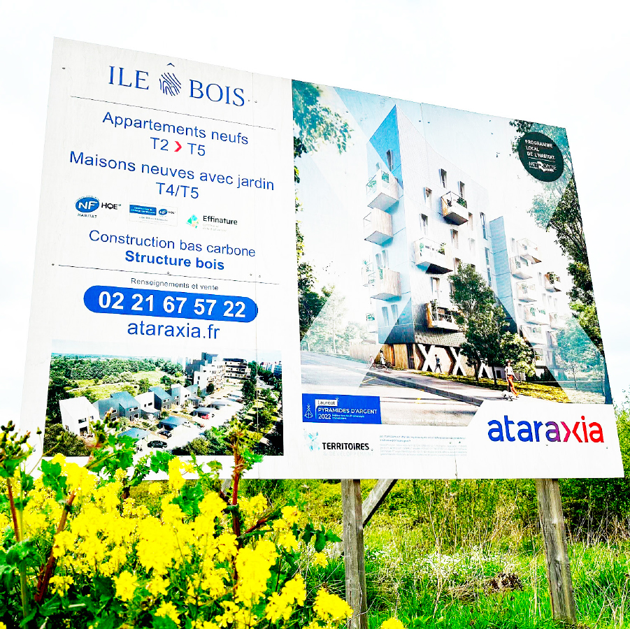 Signalétique bas carbone Signa’Vert pour le programme Ile au Bois à Rennes par Ataraxia